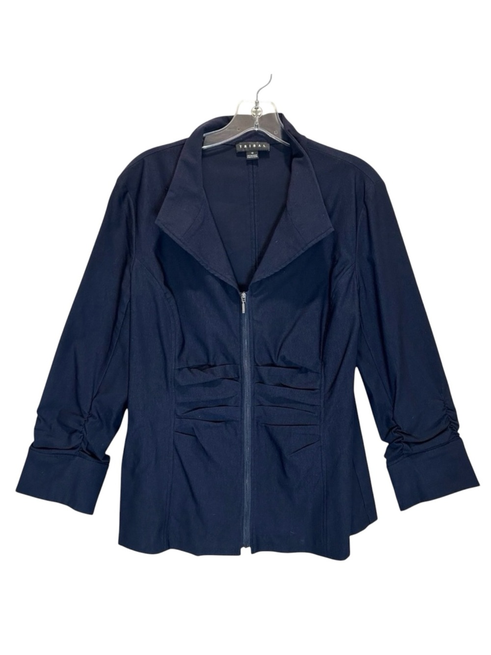 Tribal Women's Navy Blue Lightweight Ruched Full Zippered Jacket - Medium